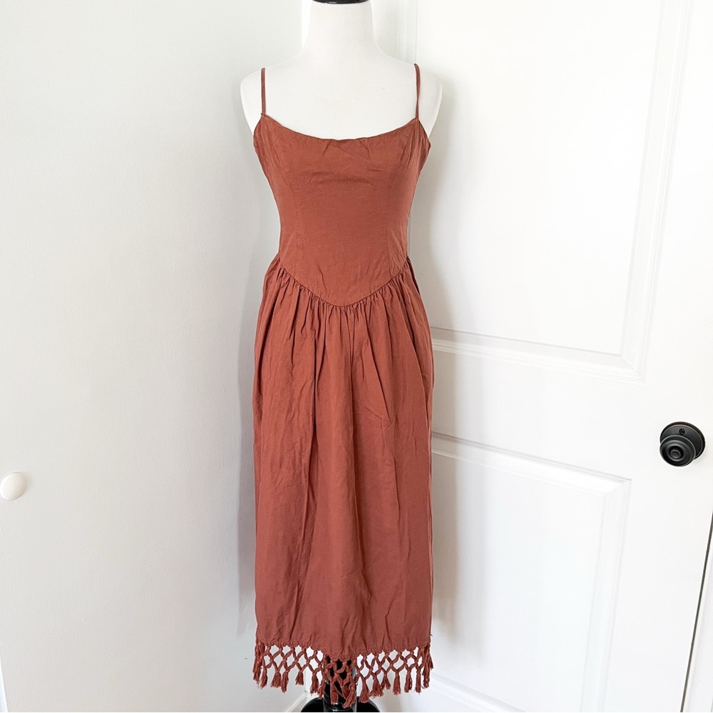 Tularosa Rust Brown Spaghetti Strap Midi Dress with Macramé Hem - XS